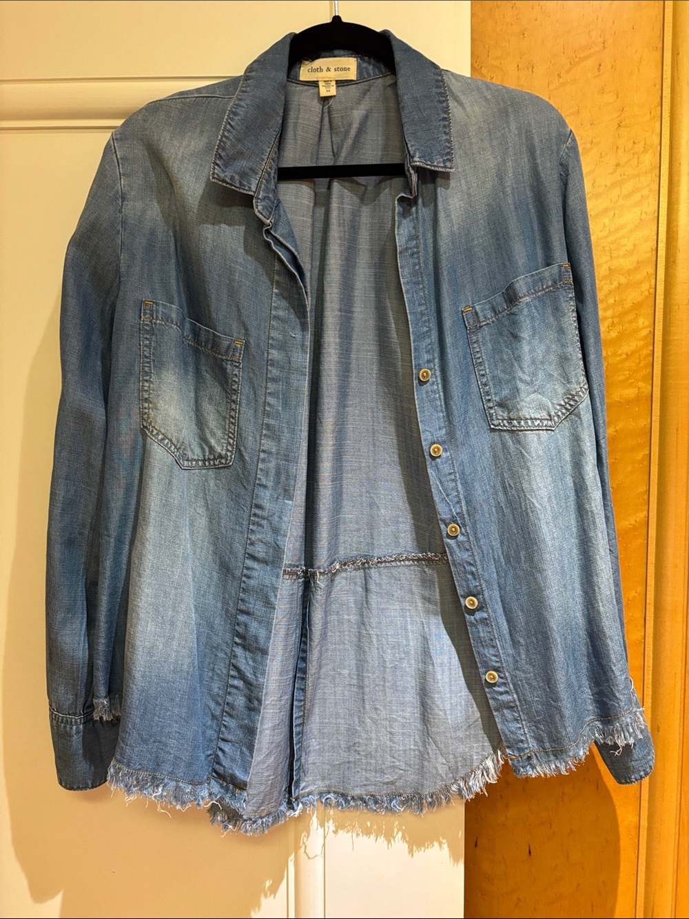 cloth & stone Distressed Light Blue Denim Shirt Jacket